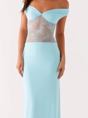 Peppermayo Powder Blue Off-Shoulder Maxi Skirt with Lace Waist